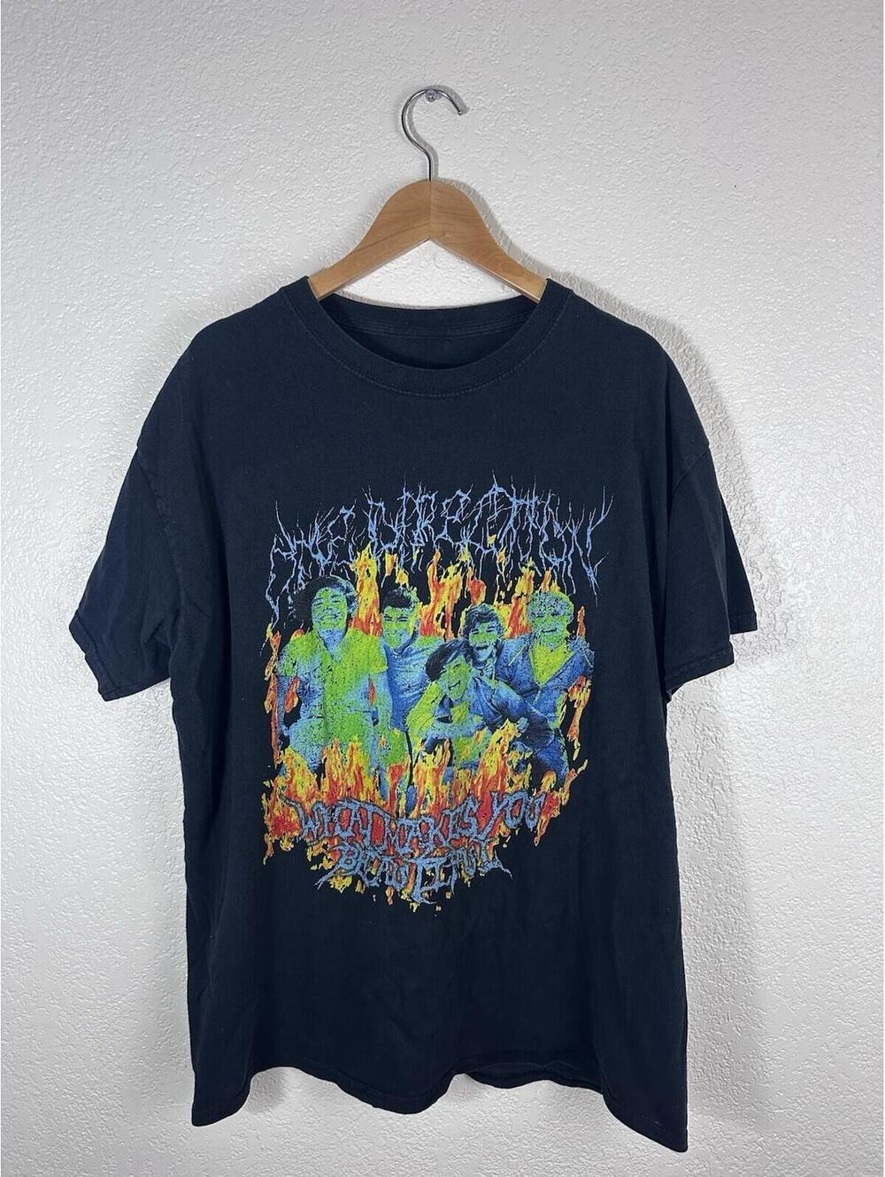 Vintage Style Graphic Band T-Shirt Black Flame Print Short Sleeve Men’s